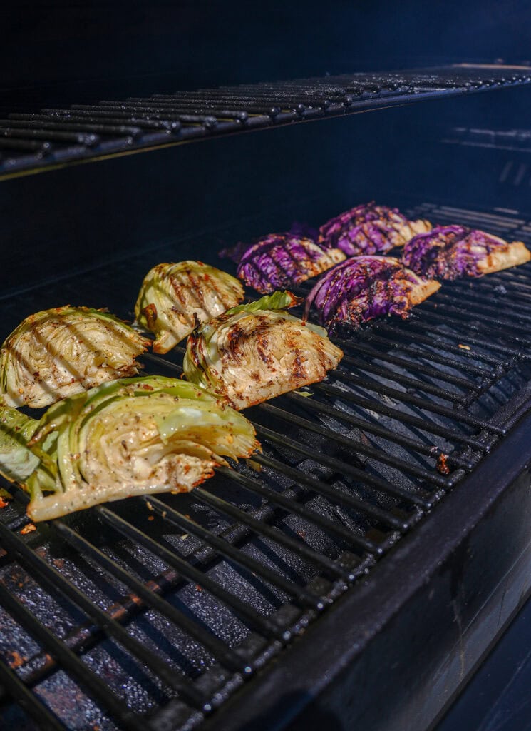 Finished cabbage steaks on the grill. 