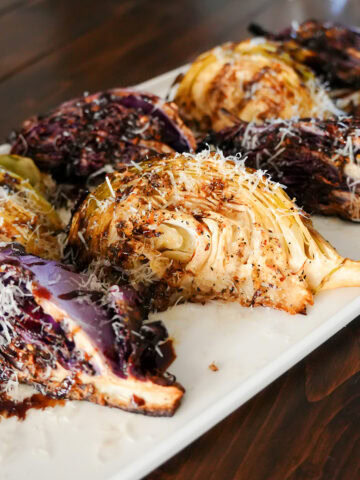 grilled cabbage drizzled with balsamic vinegar and parmesan cheese.