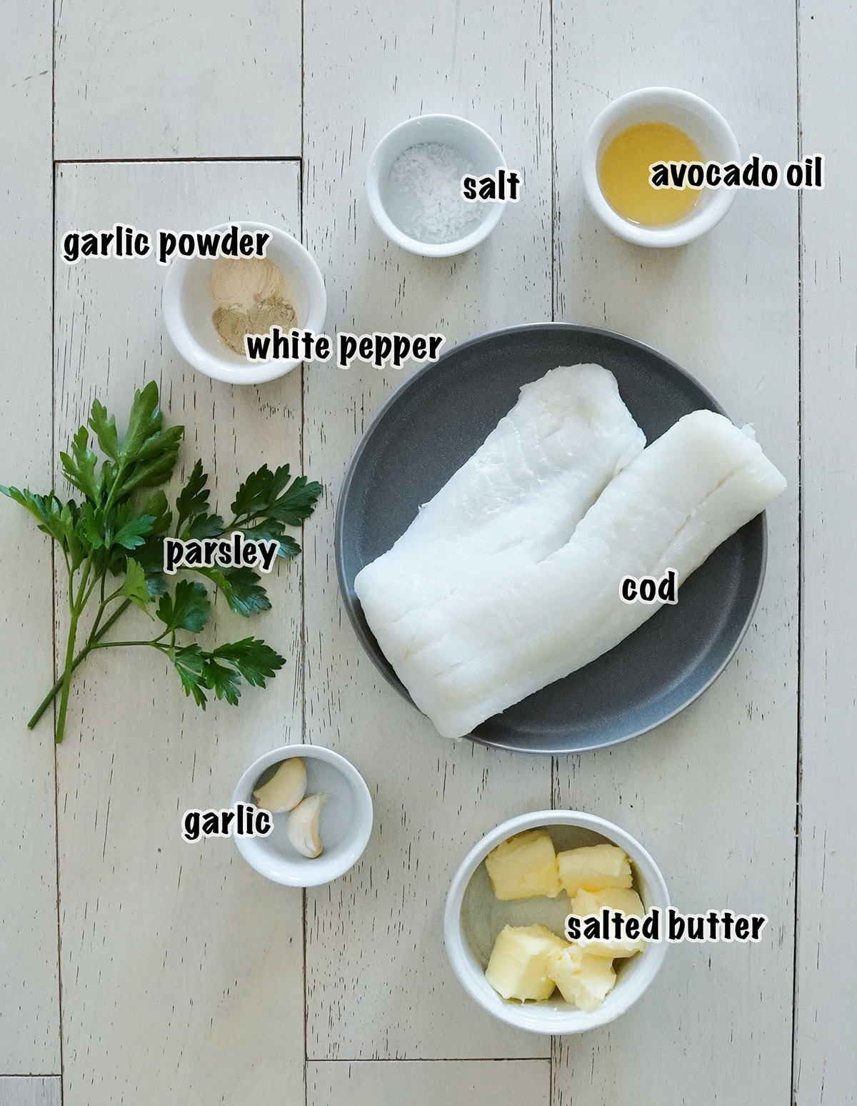 Grilled Cod Fish ingredients laid out. 