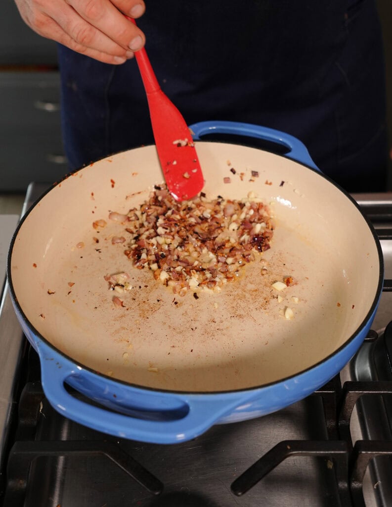 Garlic and Onion sauteing in olive oil. 