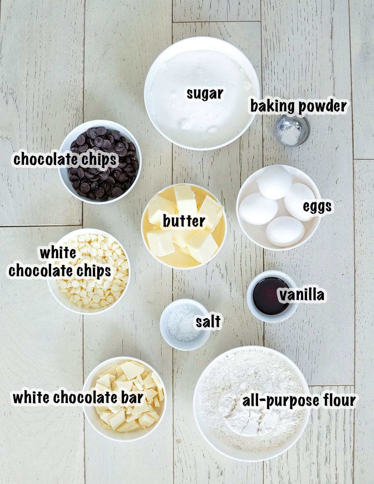 A top view of ingredients for white chocolate brownies. 