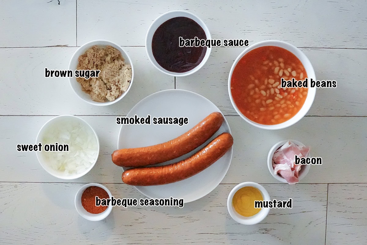 labeled ingredients for making baked beans and smoked sausage.