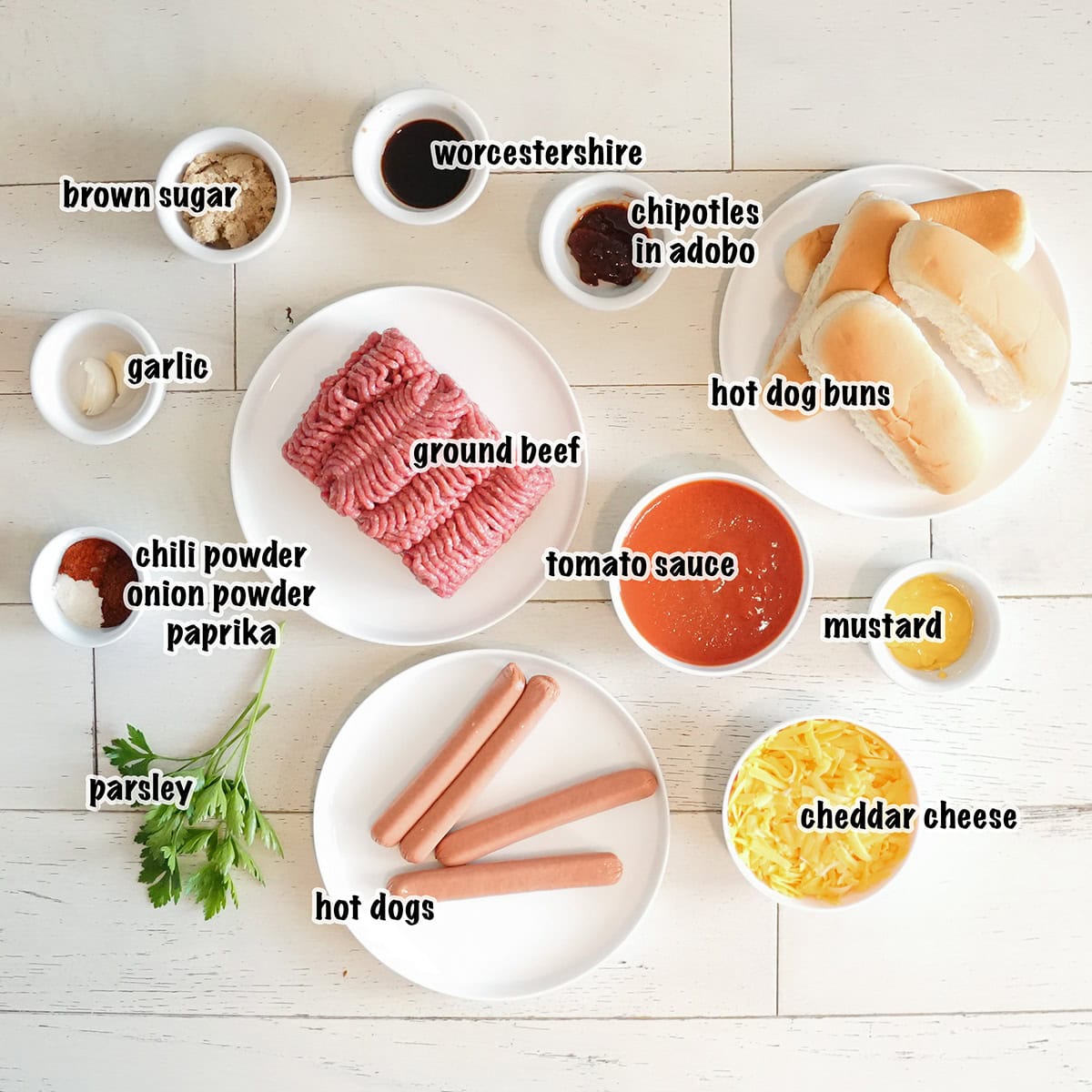 Ingredients for chili cheese hot dogs. 