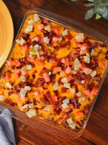 bacon and lettuce on a cheeseburger casserole.