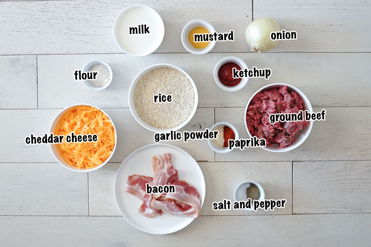 Ingredients for bacon cheeseburger casserole.