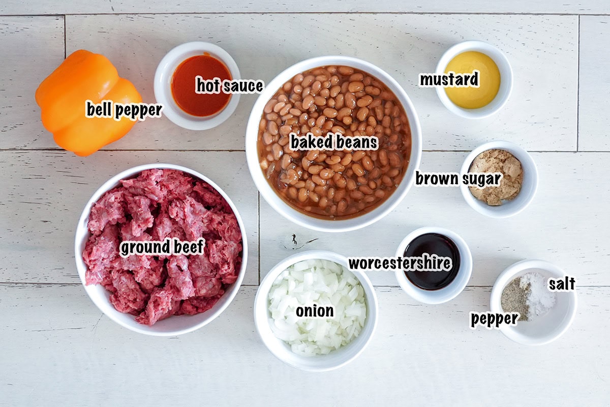 ingredients for making baked beans with ground beef.