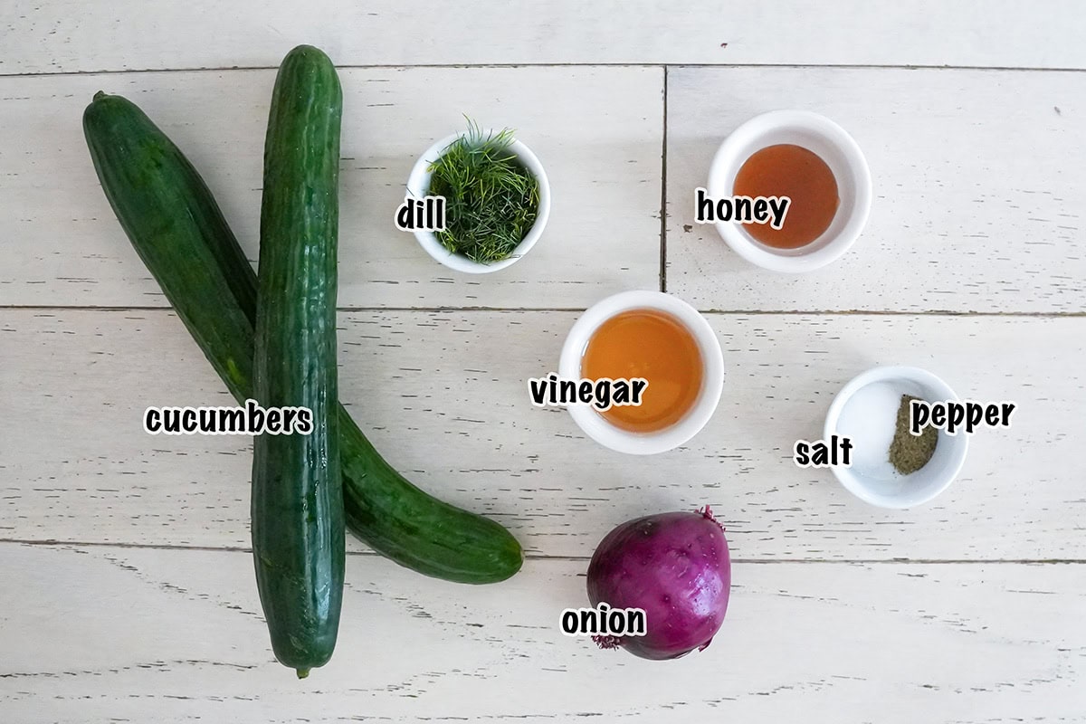 Ingredients for making a cucumber dill salad.