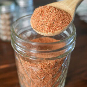 Pulled pork rub in a glass jar.