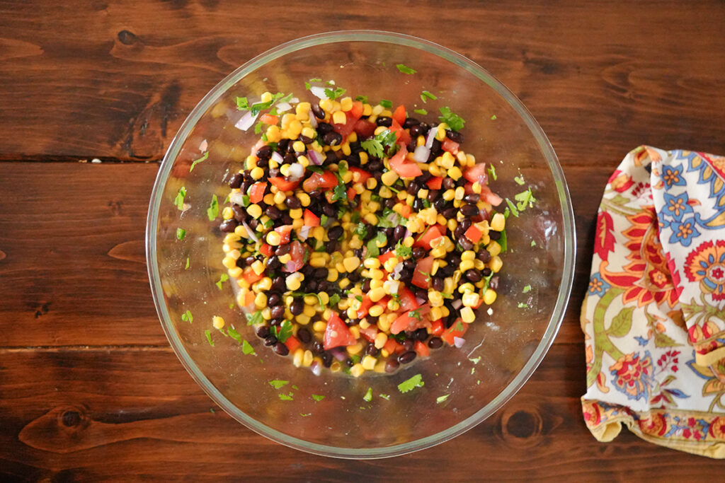 mixed together ingredients in a glass bowl.