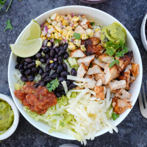 Overhead image of chipotle chicken burrito bowl.