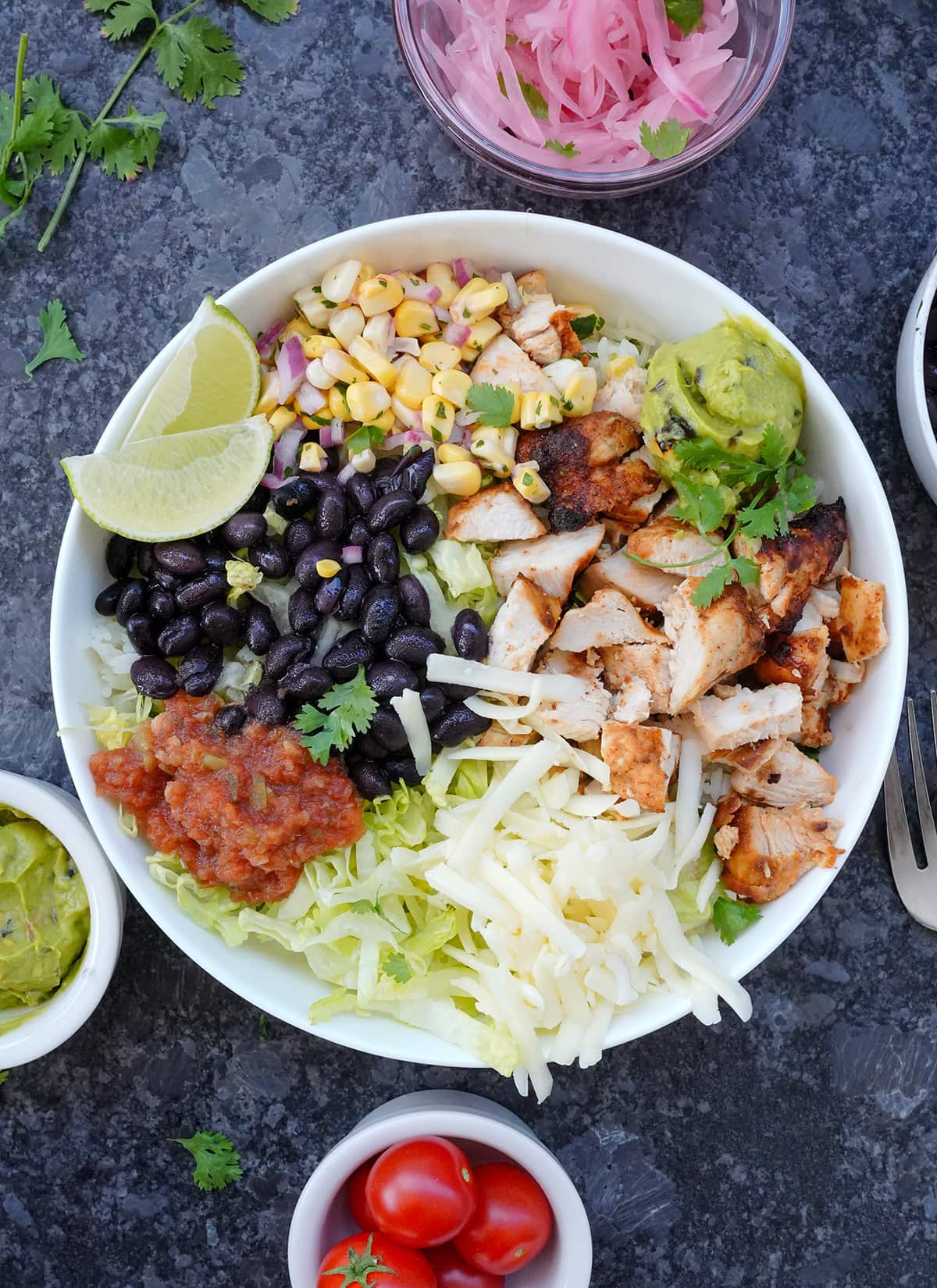 Overhead image of chipotle chicken burrito bowl.