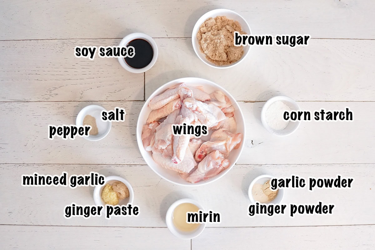ingredients for making a teriyaki sauce and teriyaki chicken wings.
