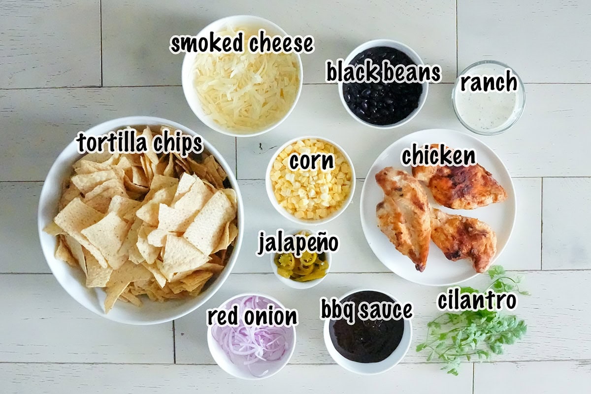 ingredients for making bbq chicken nachos.