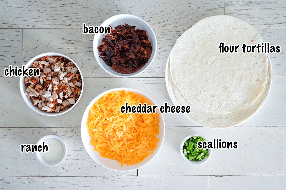 ingredients for making chicken back and ranch quesadillas.