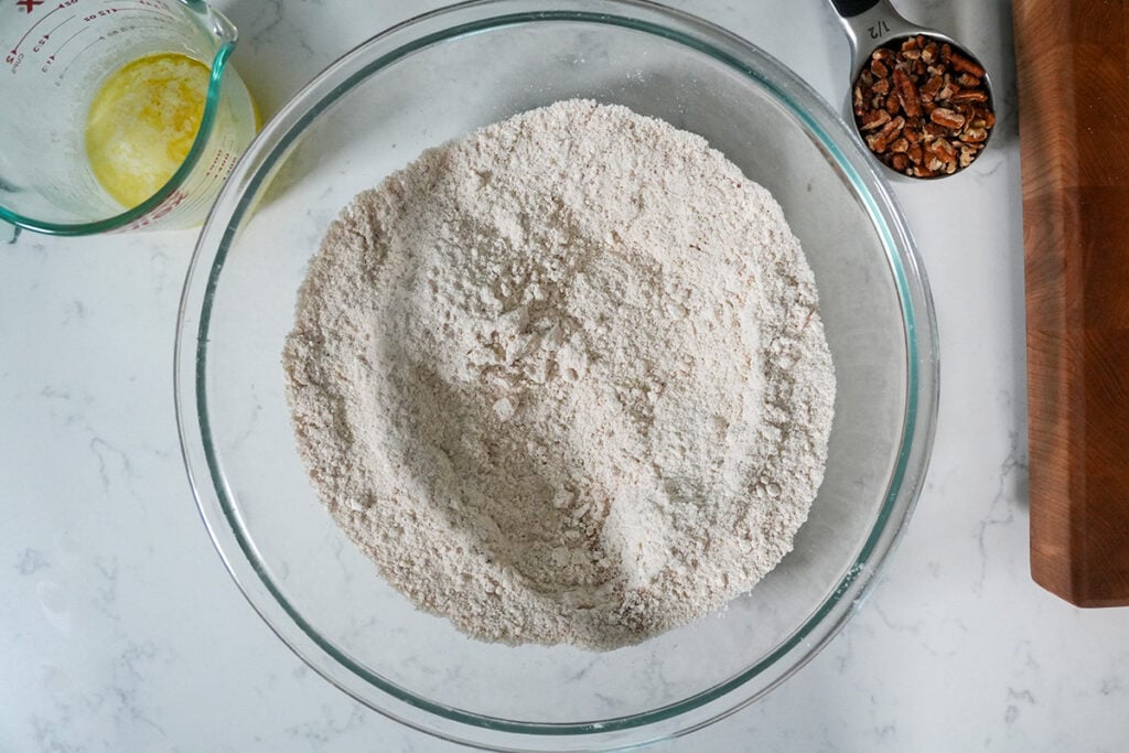 cake mix with nutmeg and cinnamon in a bowl.