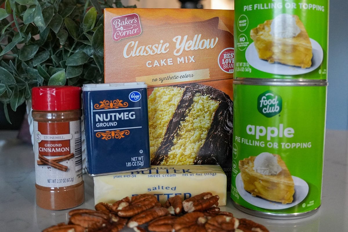 pie filling, cake mix, cinnamon and ingredients for a dump cake.