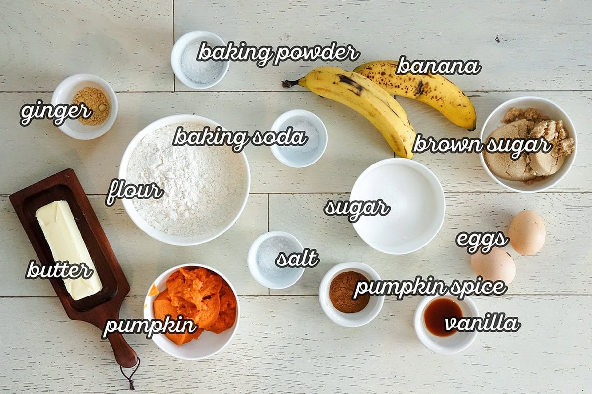 Ingredients for making a pumpkin banana bread recipe.