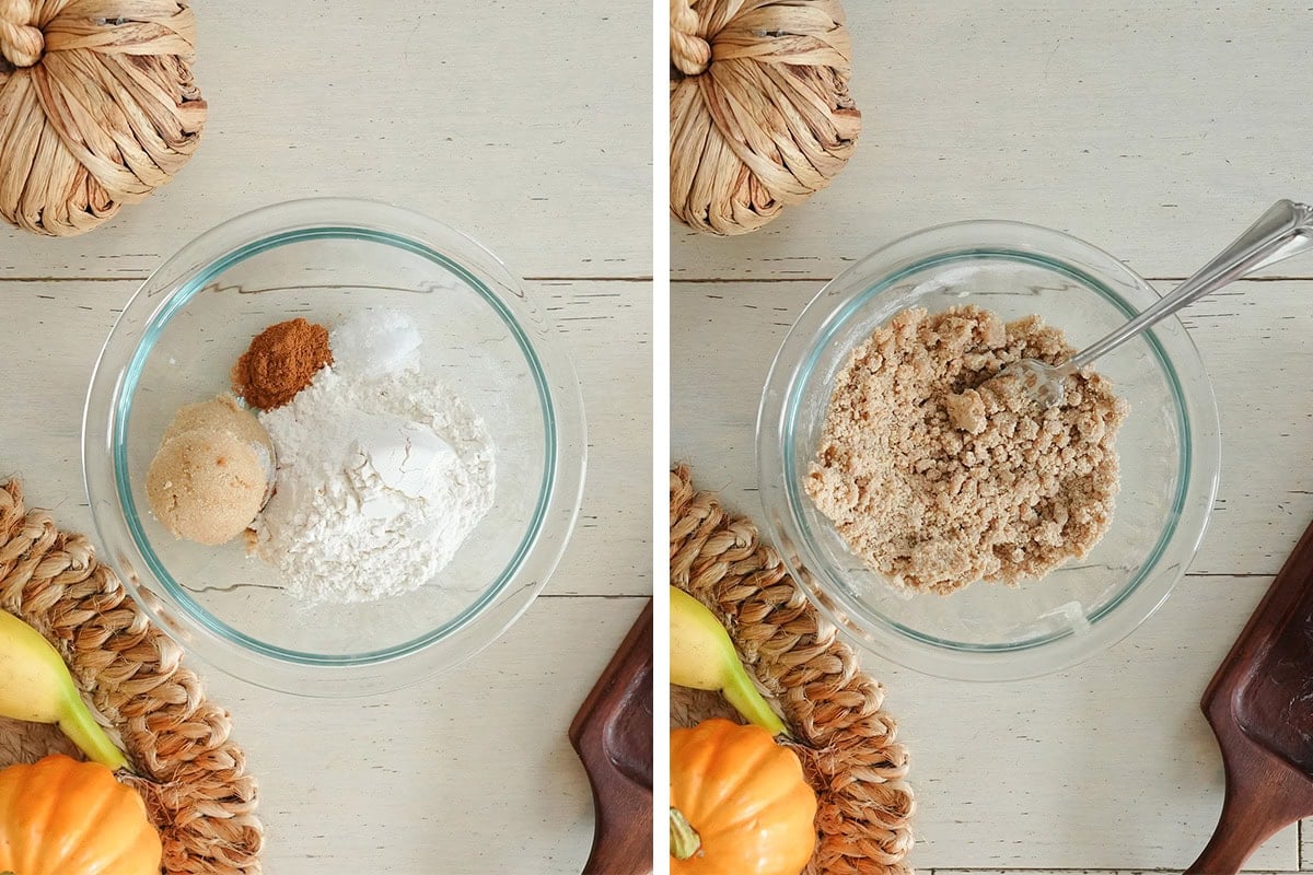 A streusel crumbled for topping the banana bread.
