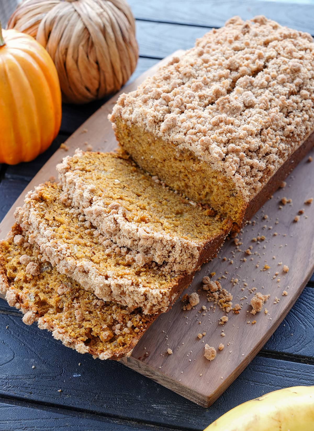 A top view of Banana Pumpkin Bread with slices cut. 