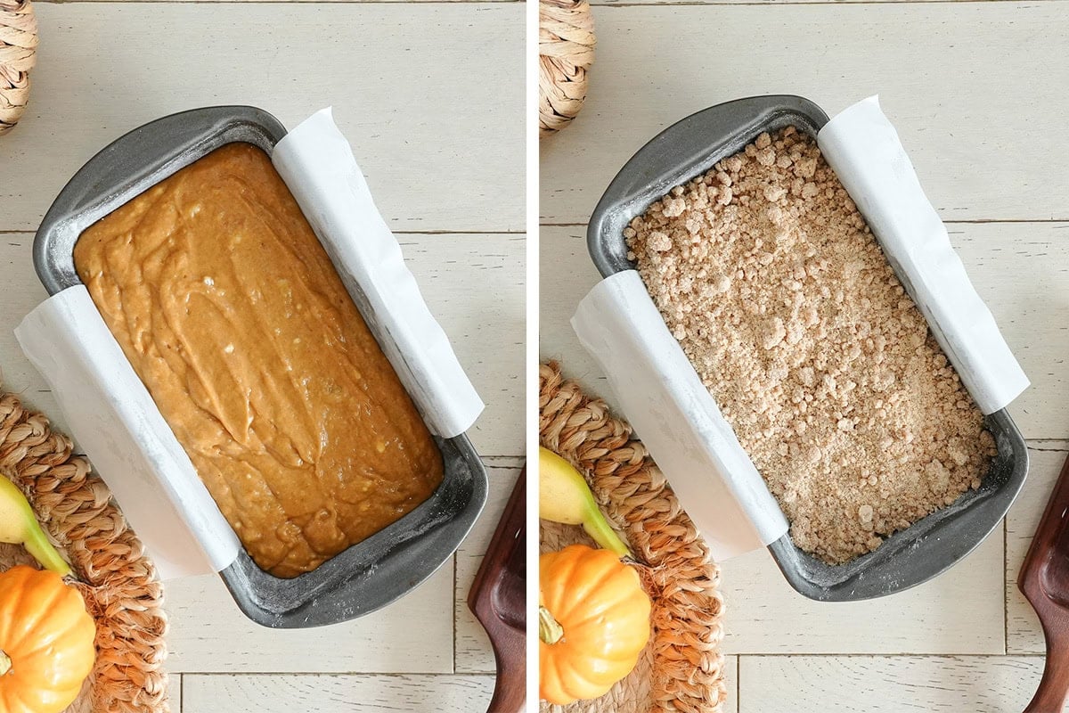 Banana pumpkin bread mixture in a load pan topped with a streusel crumble.