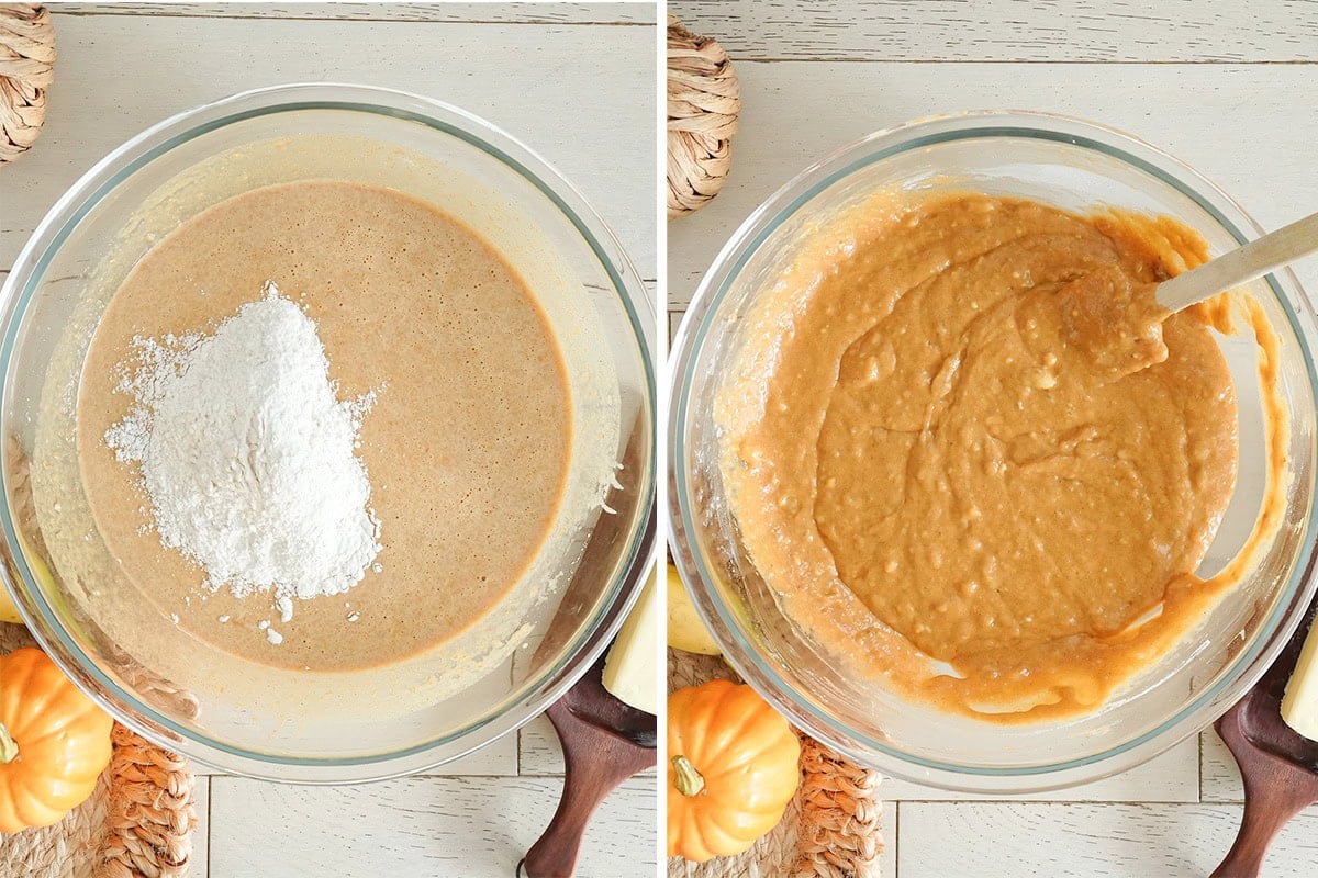 flour, banana and pumpkin puree combined with seasonings in a glass bowl.