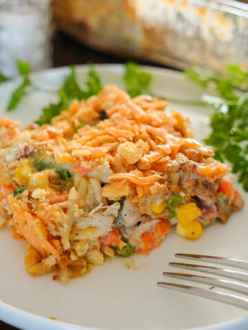 casserole with chicken and hash browns loaded with vegetables.