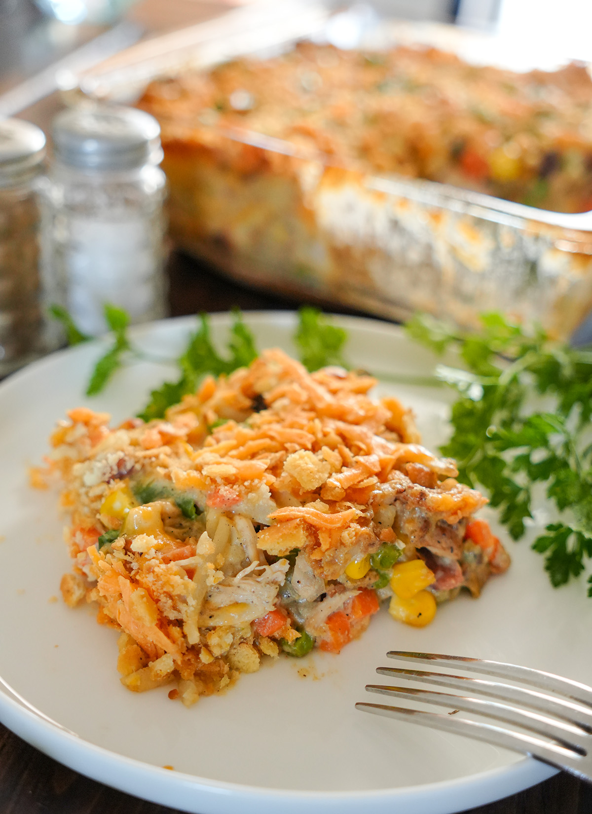 chicken and hashbrown casserole with mixed vegetables.