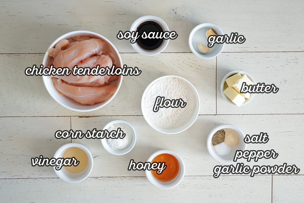 ingredients in bowls for honey garlic chicken tenders.