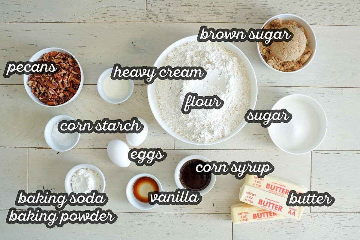 labeled ingredients for making pecan pie cookies.