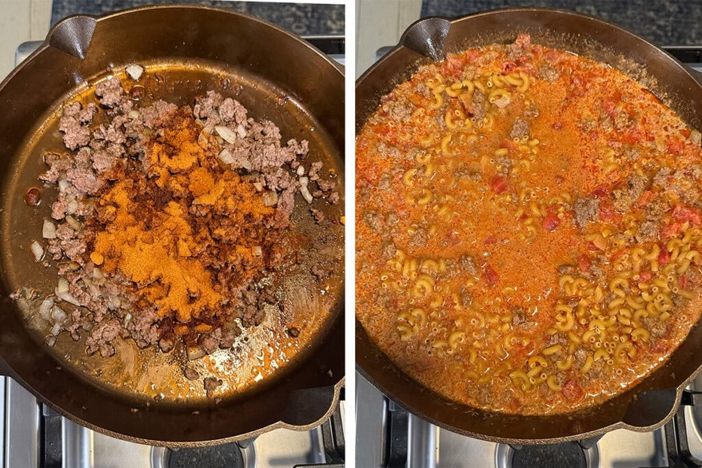 ground beef in a skillet with taco seasoning and macaroni skillets.