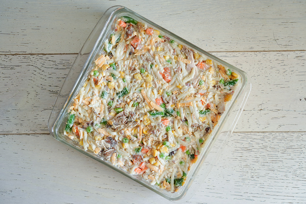 casserole filled with chicken, veggies, hash browns and cream of chicken.