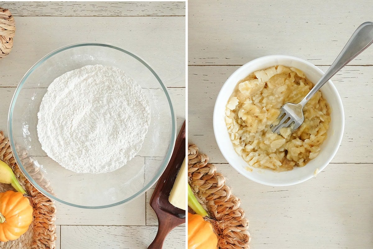 a flour mixture in a bowl next to mashed bananas.