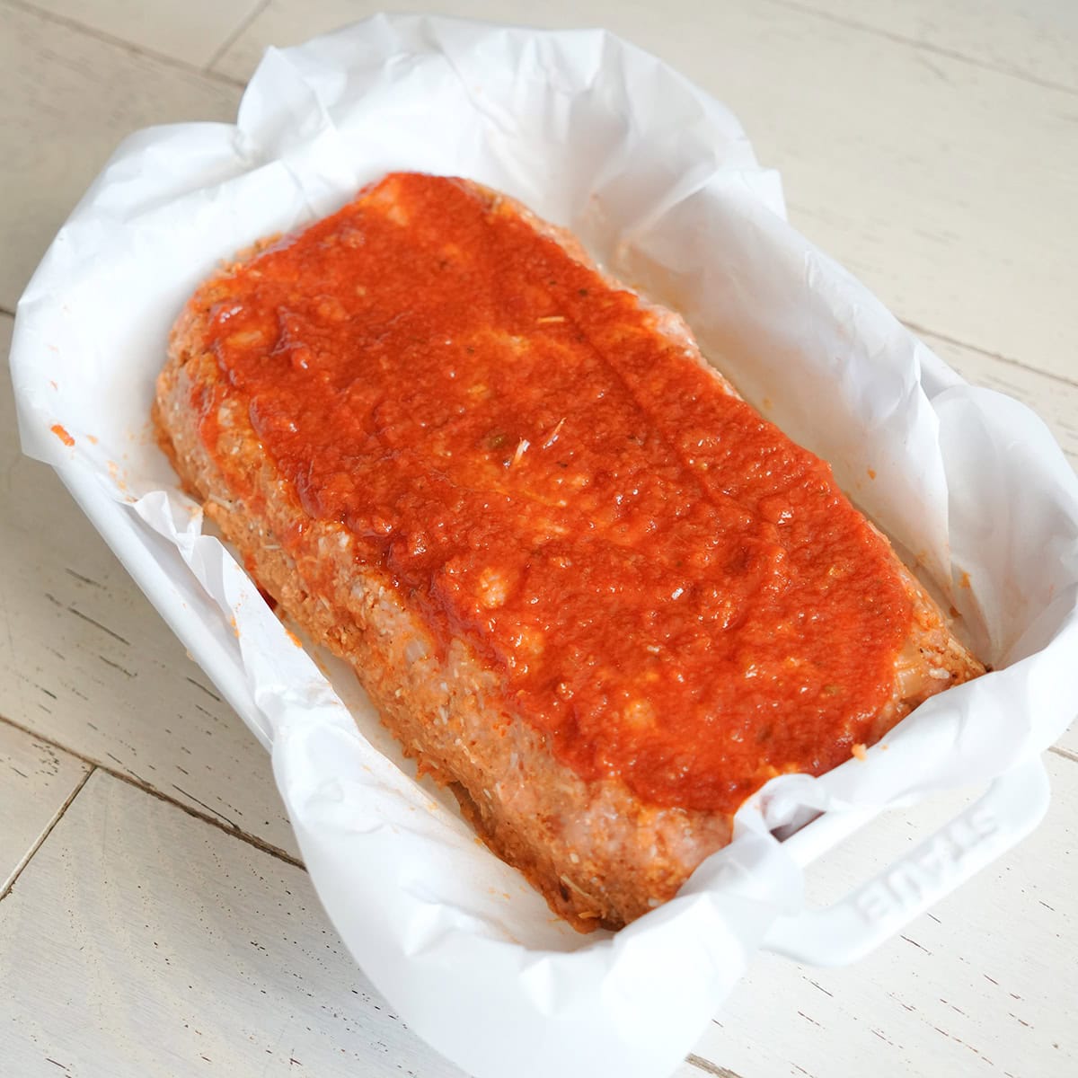 Marinara over a ground chicken meatloaf.