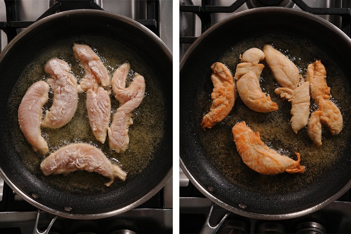 chicken tenderloins cooking in a pan.