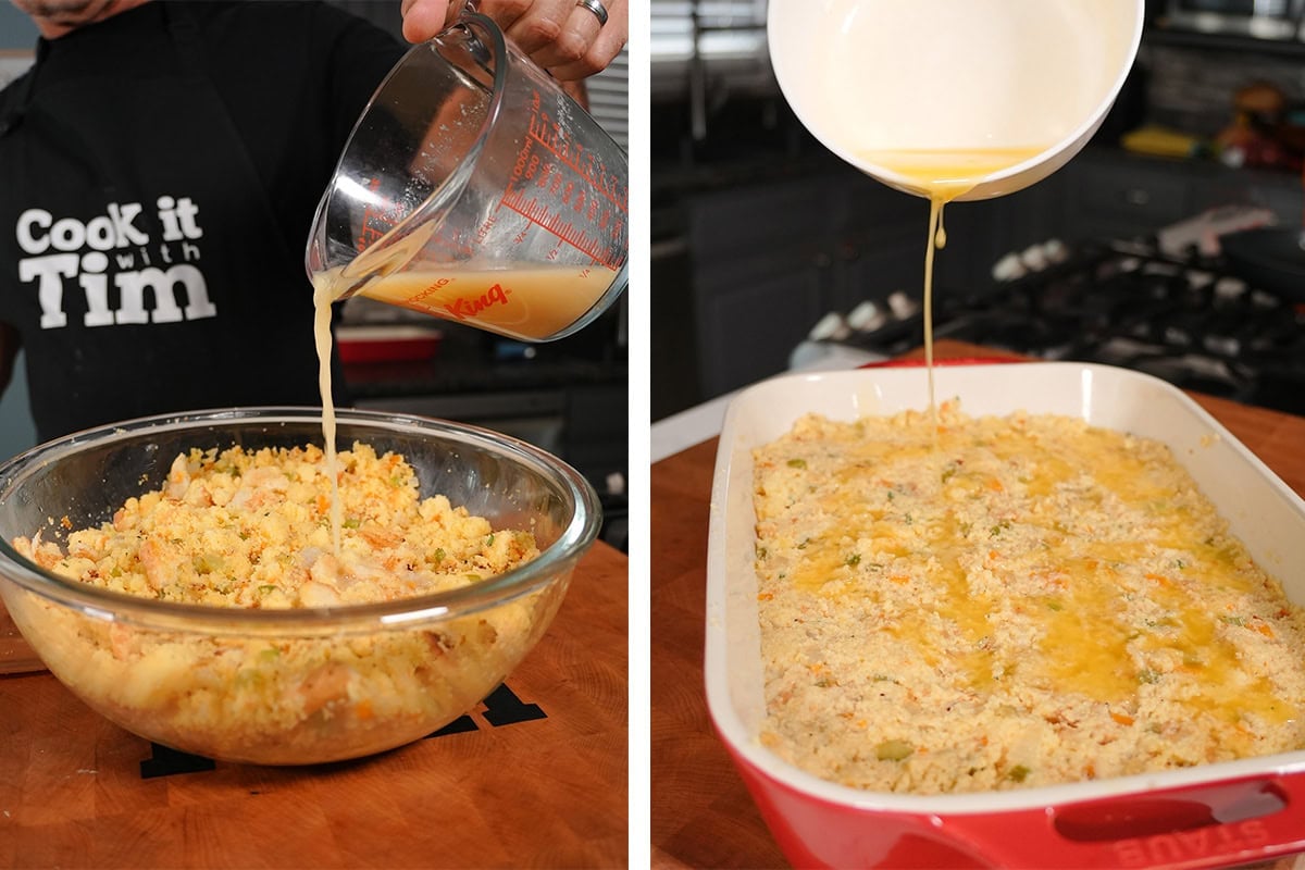 eggs and chicken stock pouring over cornbread mixture.