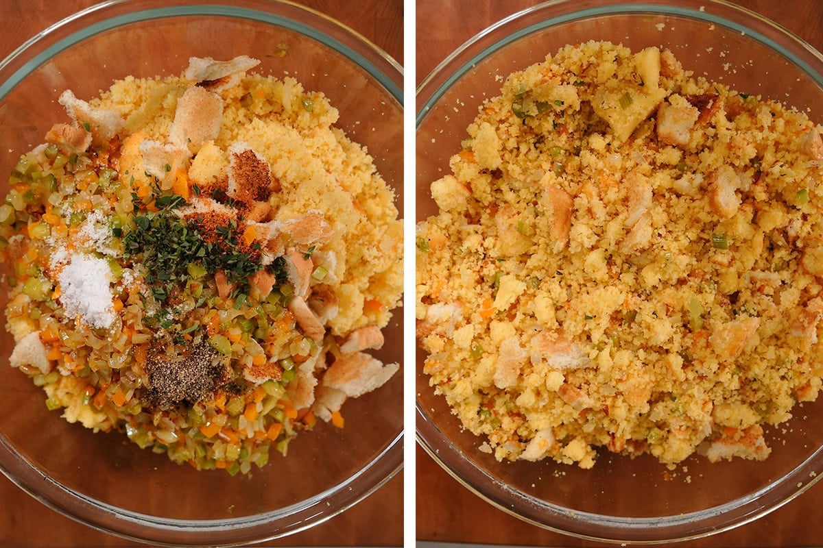 cornbread pieces and seasonings in a mixing bowl.