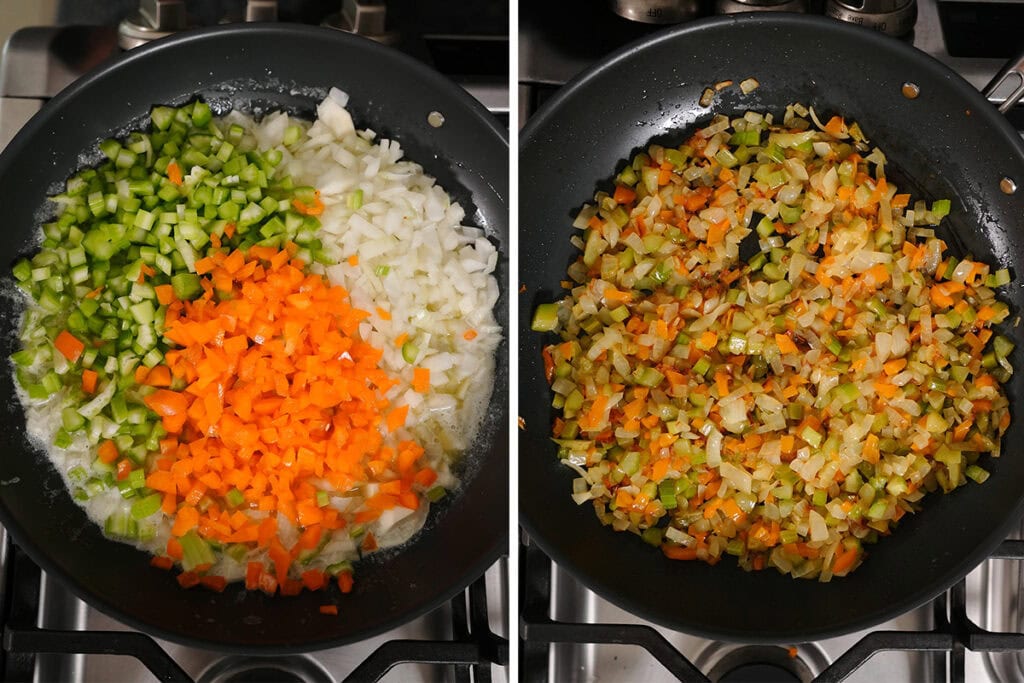 bell peppers, celery and onion sautéing in a skillet.