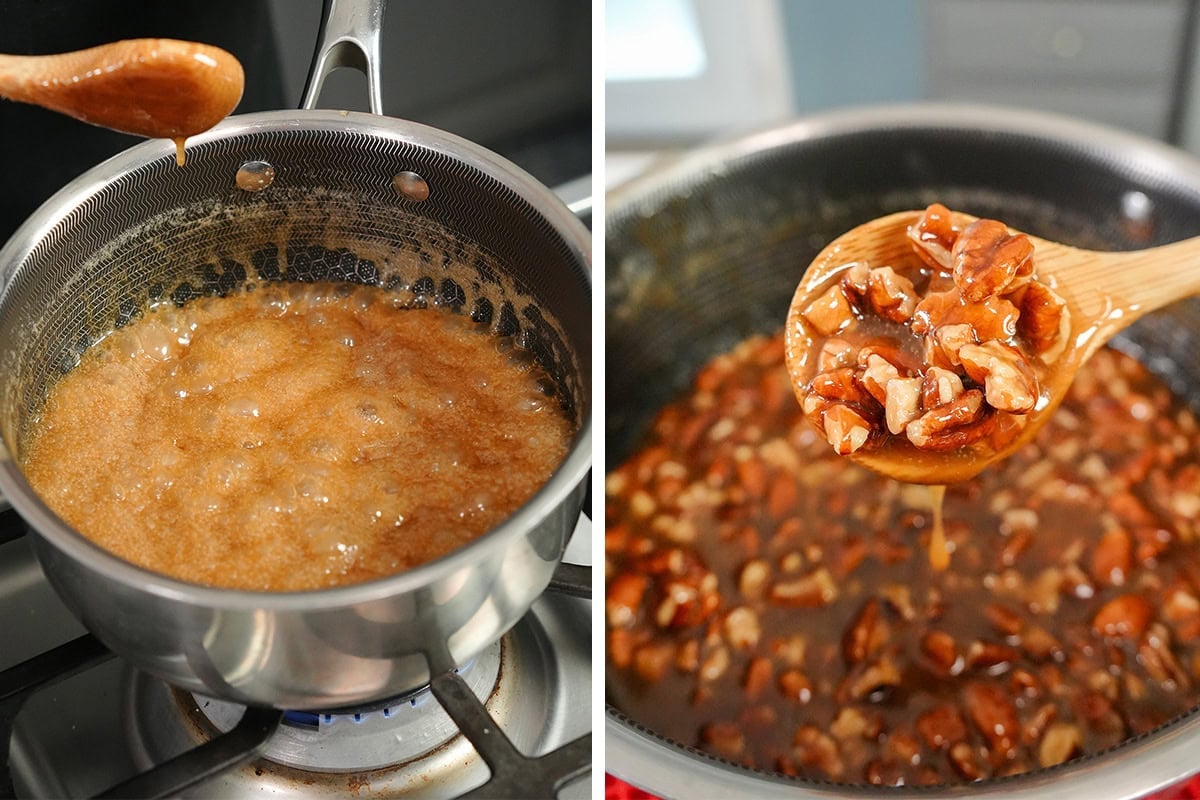 a pecan sauce filling in a sauce pan.