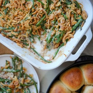 bacon and green casserole with crispy onion topping.