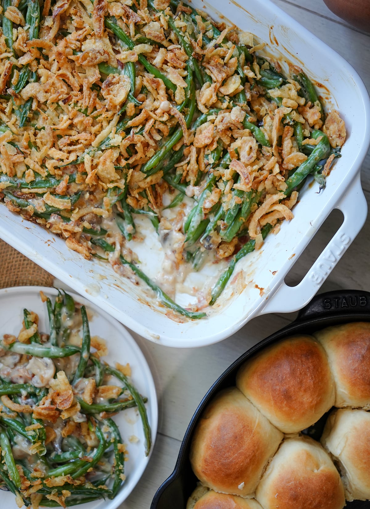 bacon and green bean casserole with Frenchs onions on top.