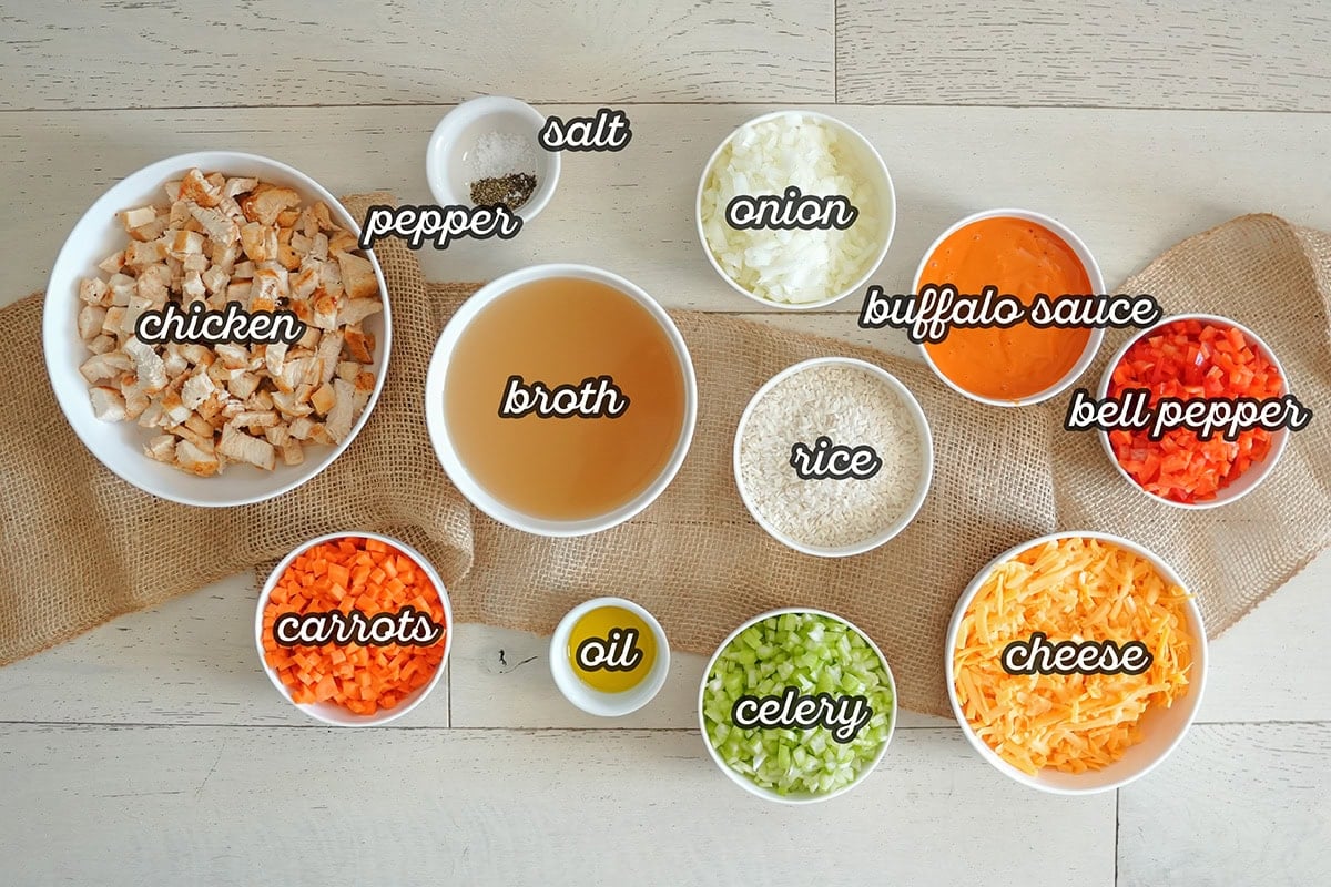 labeled ingredients for making a chicken and rice casserole.