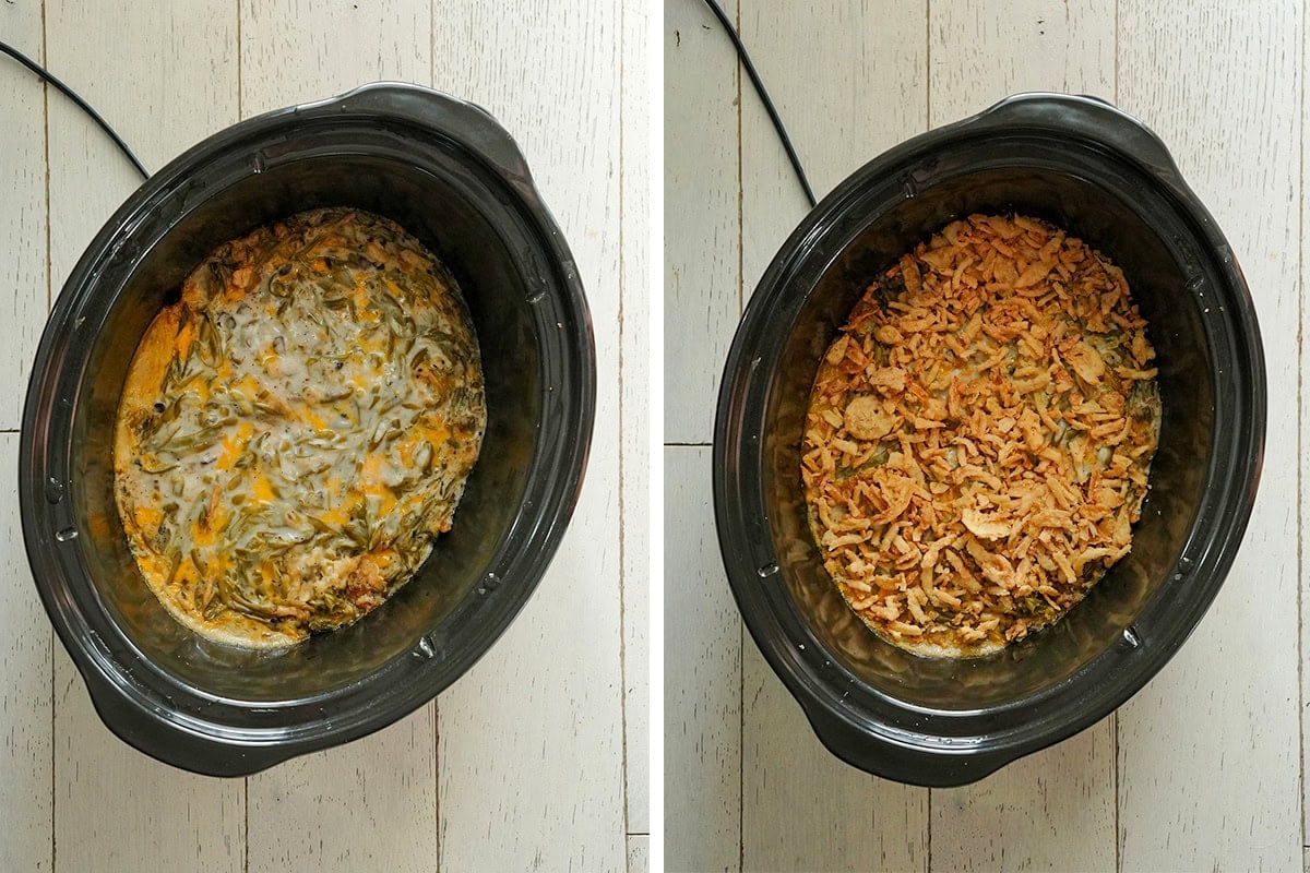 green bean casserole in a crock pot with and without crispy onion topping.