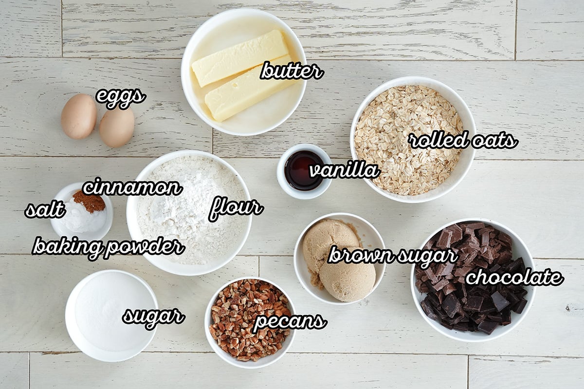 ingredients in bowls for making chocolate chunk cookies.