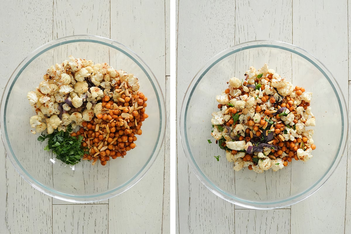 salad ngredients tossed together in a bowl.