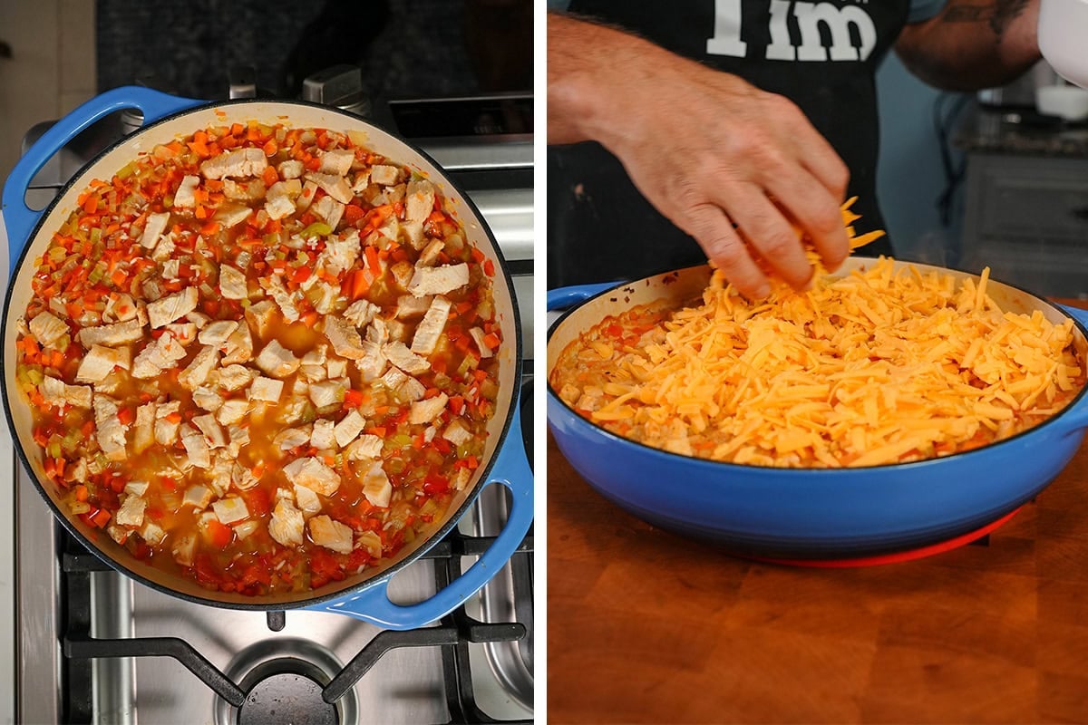 chicken going onto a buffalo chicken casserole in a skillet.