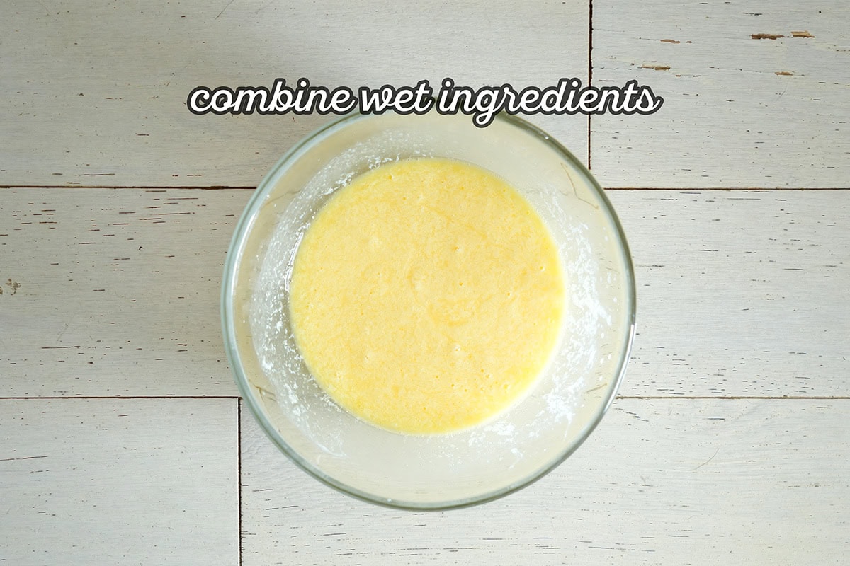 eggs, buttermilk and melted butter in a mixing bowl.