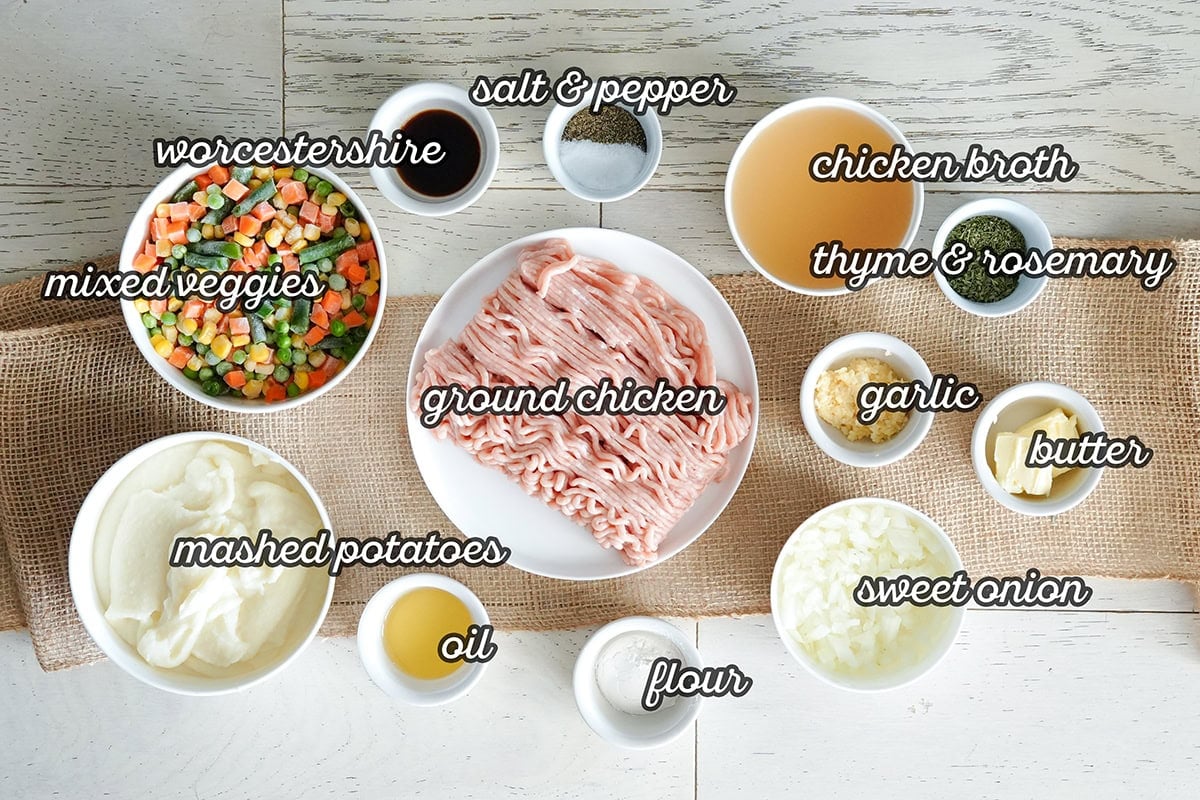 labeled ingredients for making chicken shepherds pie.