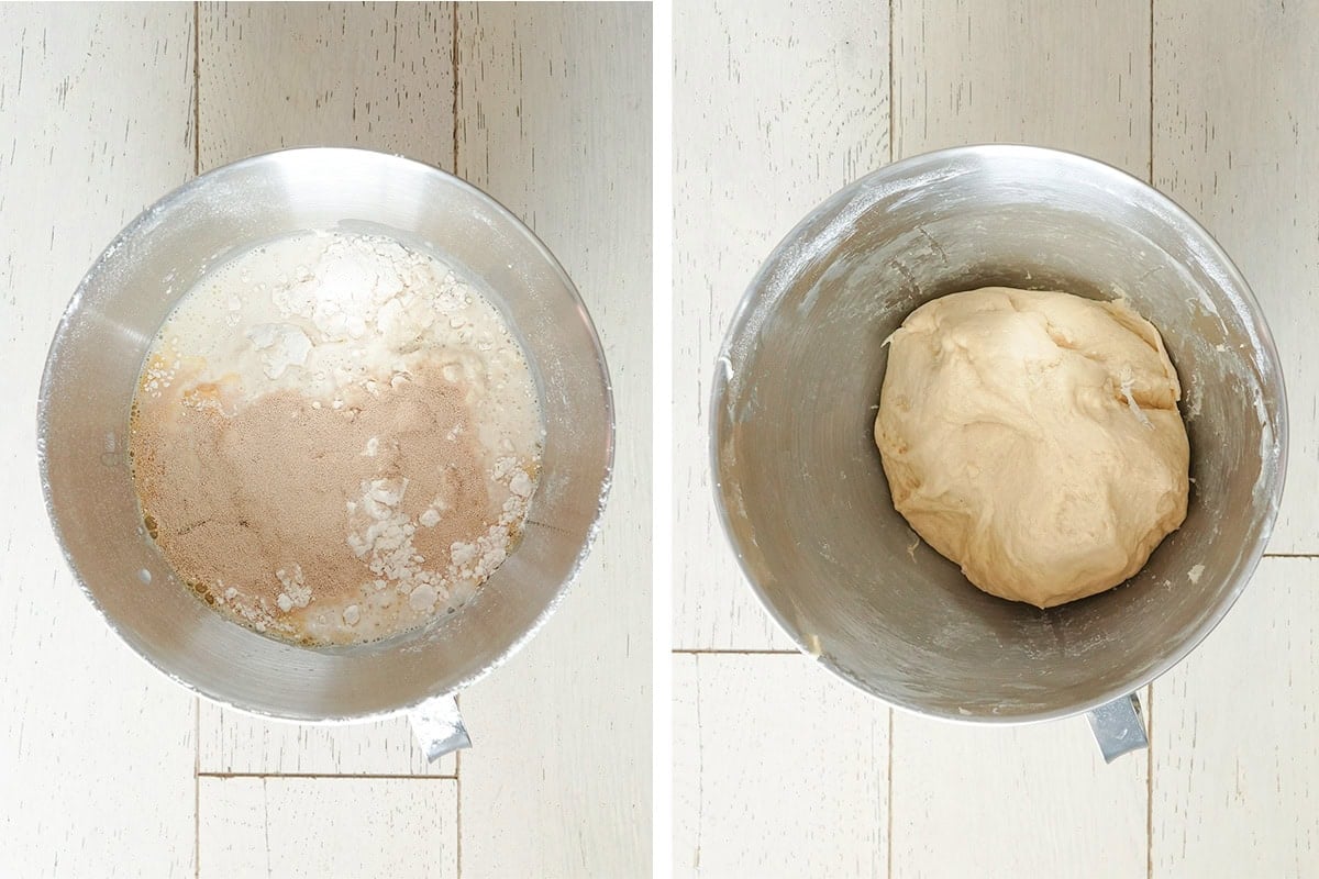dough in a mixing bowl.