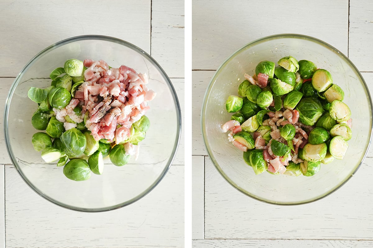 brussels sprouts in a bowl with bacon.