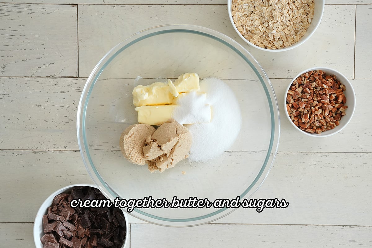 butter, sugar and brown sugar in a mixing bowl.